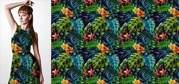 12003v Materiał ze wzorem malowane tropikalne liście i kwiaty (storczyk) w stylu akwareli